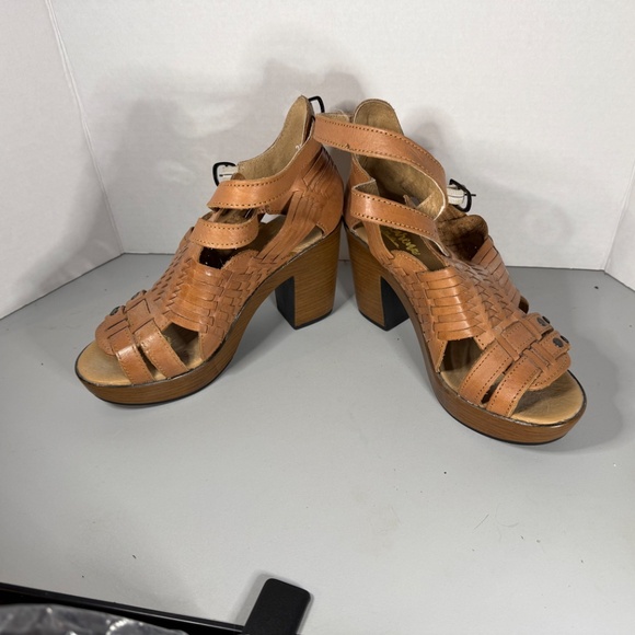 Macarena Woven Leather Platform Sandals Tan Block Heel Boho Festival Style Sz 8 - Picture 3 of 10